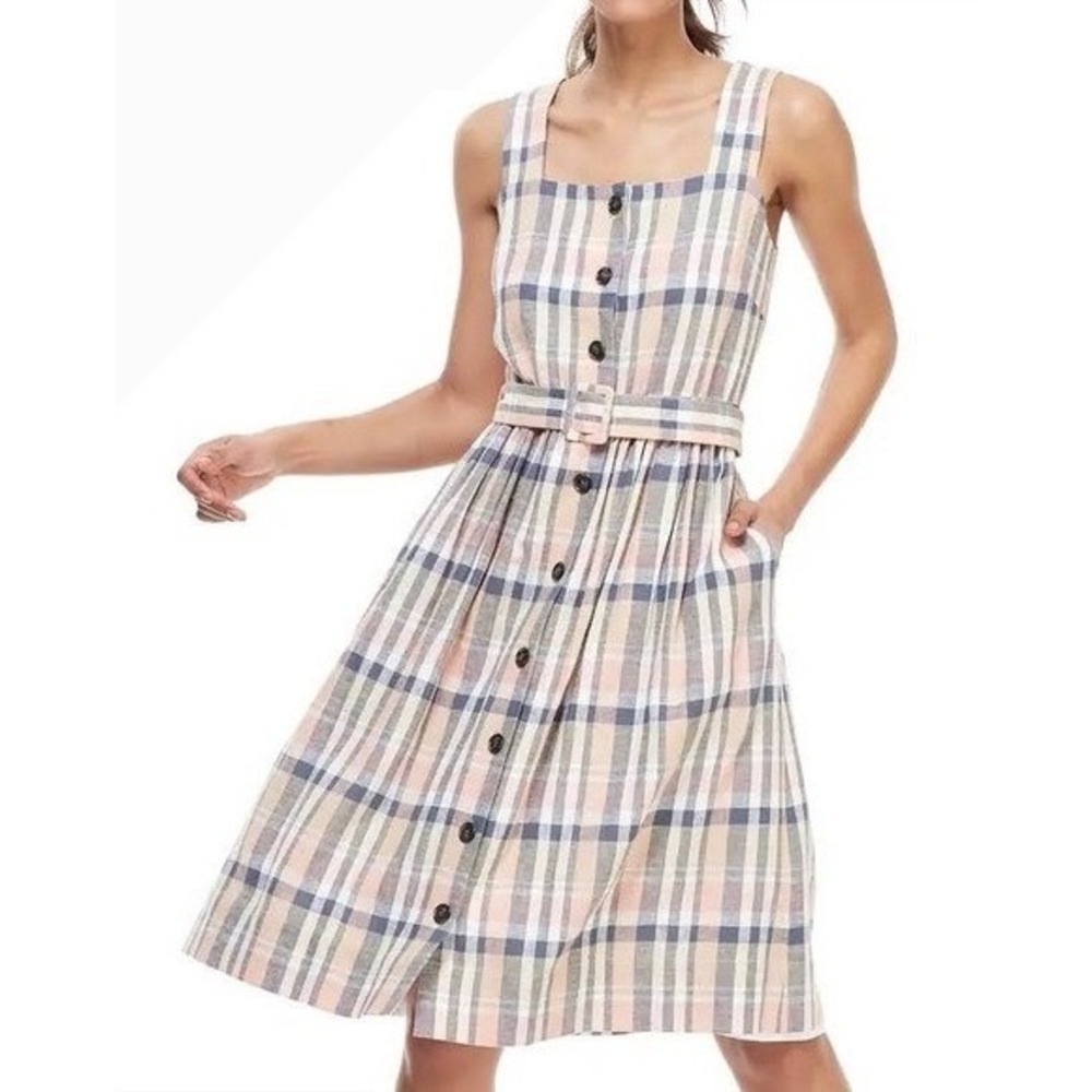 Gal Meets Glam Peyton Dress Women 8 Pink Blue‎ NWT Plaid Linen Blend Belted Midi